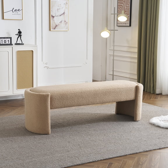ECOBUY Long Ottoman Bench with Wood Frame, Light Camel Polyester Upholstery, 61.25 in