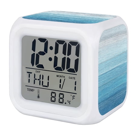 Alarm Clocks Blue Wood Grain Digital Clock 7 Color LED Night Light Silent Non-Ticking Battery Operated Coastal Ocean Horizon Cube Clocks for Bedroom Bedside Living Room Office School Decor