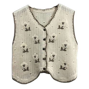 Women Sleeveless V-Neck Button Down Sweater Vest Waistcoat Ethnic Hollowed Out Crochet Knitted Florals Cropped Cardigan