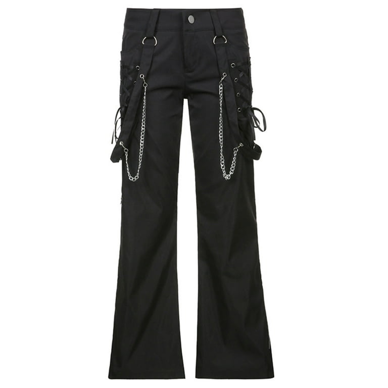 GENEMA Women Gothic Wide Leg Cargo Pants with Chain Side Split Zipper Baggy  Trousers