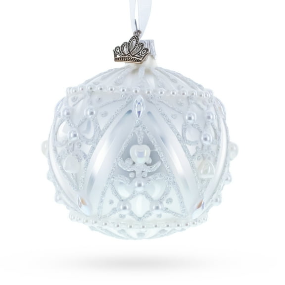 Dimensional Pearl Drops on White Ball Glass Christmas Ornament 3.25 Inches