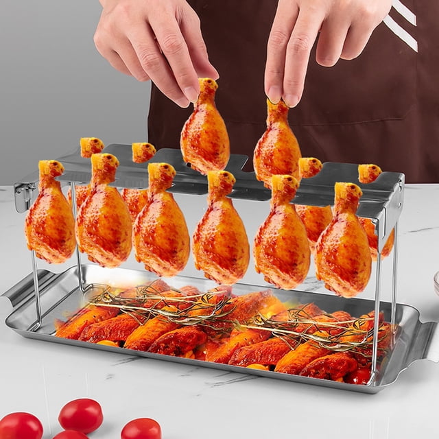 YAOMOBB Chicken Wing Grilling Rack Stainless Steel Chicken Leg Rack with Drip Pan 12 Slot Drumstick Burning Stand BBQ Kitchen Tool Rust Proof