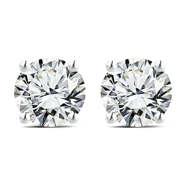 JeenMata Aros Solitarios de Moissanita de Forma Redonda de 1 Quilate (4 Puntas) en Baño de Oro Blanco de 18 K sobre Plata
