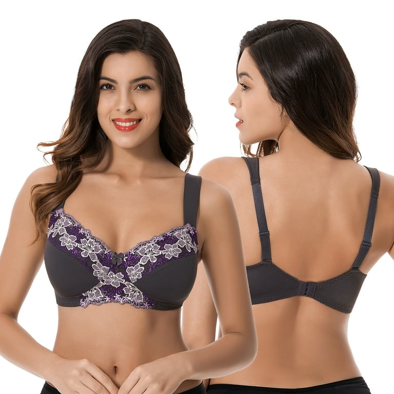 Curve Muse Plus Size Minimizer Unlined Wirefree Bra with Lace  Embroidery-3Pack-WHITE,Navy,GRAY-36C 