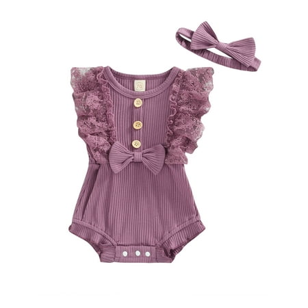 

Sunisery 2Pcs Toddler Infant Baby Girls Romper Round Neck Lace Sleeveless Bowknot Decorated Ribbed Romper + Headband Purple 12-18 Months