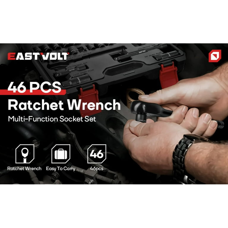 Eastvolt Mechanic Tool Kit, Drive Socket Set, 46 Pieces, with 72 Teeth Reversible Ratchet, Metric/SAE