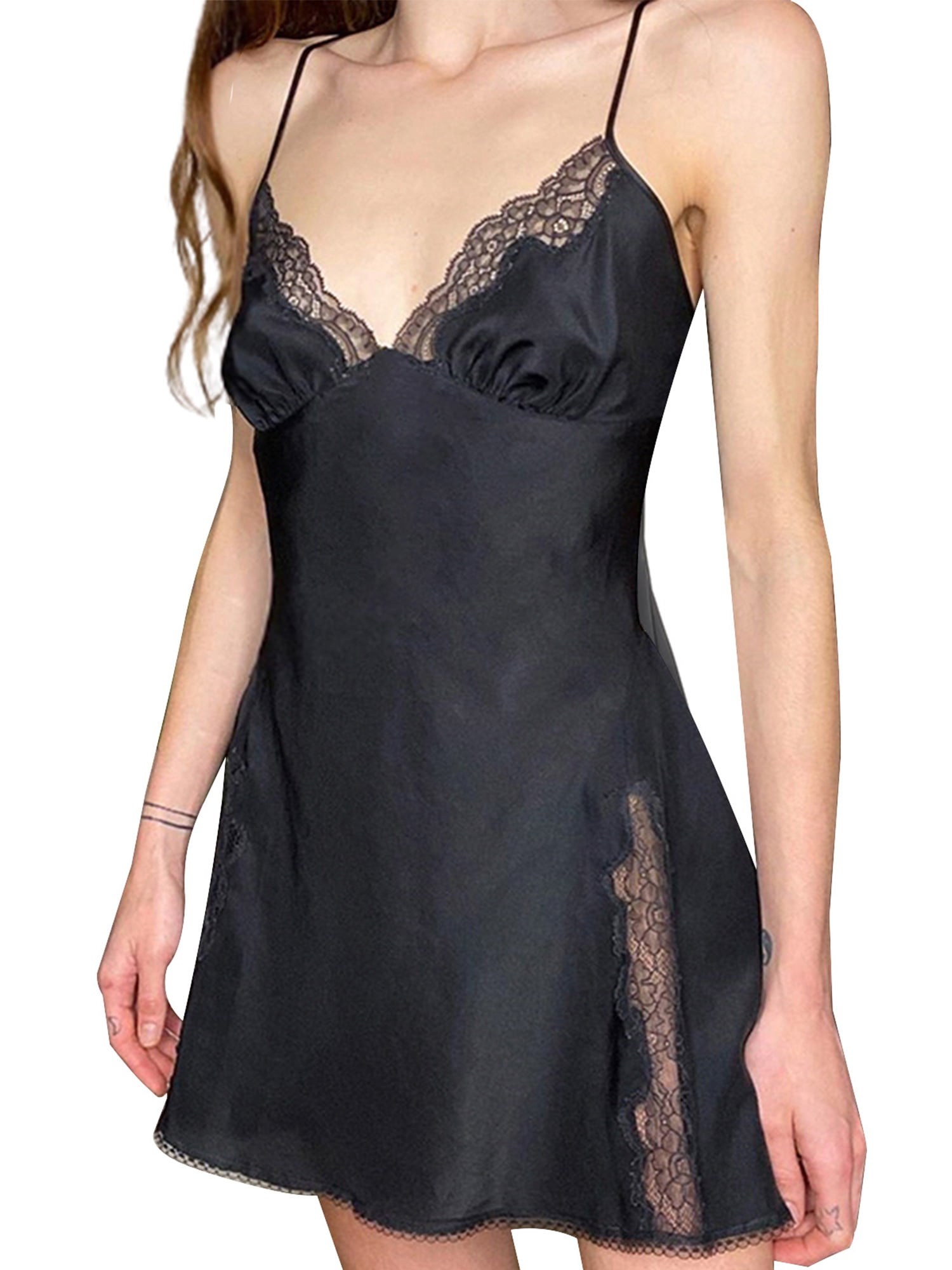 Women Sling Nightwear Lace Dress Sleepwear Deep V-Neck Mesh Backless Mini Dress Nightgowns