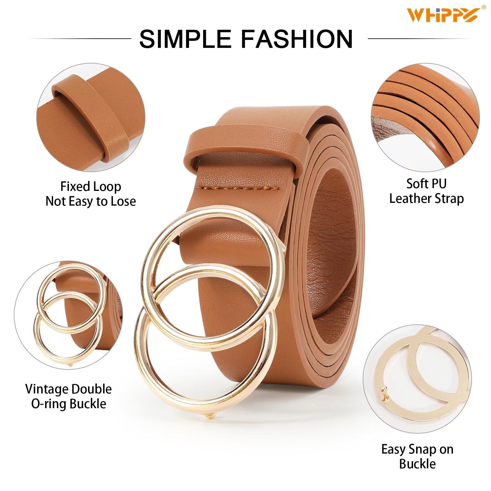 Whippy Women's Leather Belt 2-Pack Double Ring Buckle photo 5