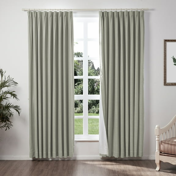 TWOPAGES 52 W X 108 L Inch Length Curtain Pinch Pleated Header Blackout Drape Linen Blend Drapery for Bedroom, 1 Panel, Grey