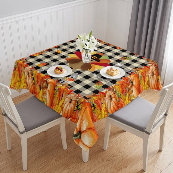 Thanksgiving Turkey Table Cloth Waterproof Tablecloths, Fall Maple Leaves Black Plaid Rustic Tablecloth Dining Table Cover for Kitchen Party Tabletop Outdoor, Square Tablecloth 60x60 Inch