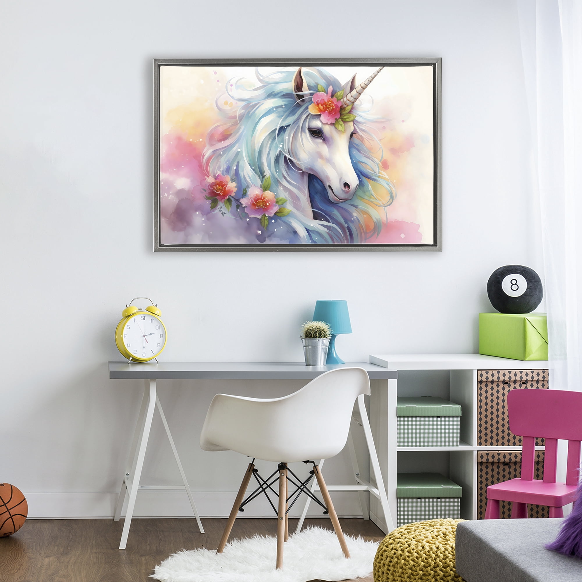 Stupell Industries Magical Unicorn with Blossoms Gray Framed Floater Canvas Wall Art, design by Creative Studio