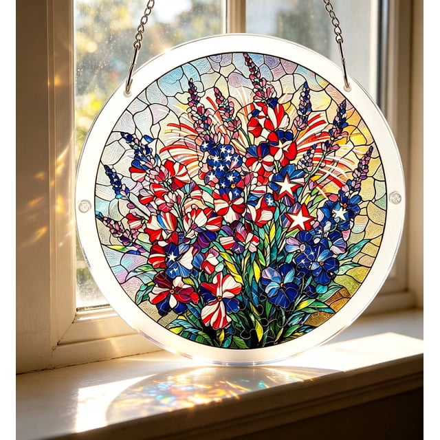 Patriotic Acrylic Suncatcher Stained Glass Style Window Hanging Ornament Independence Day Memorial Day Home Decor With Chain