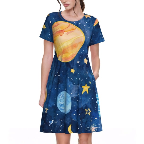 Balery Planets And Stars1 Vestidos sueltos de manga corta para mujer, vestidos de verano 2025, vestidos casuales de corte A con vuelo.