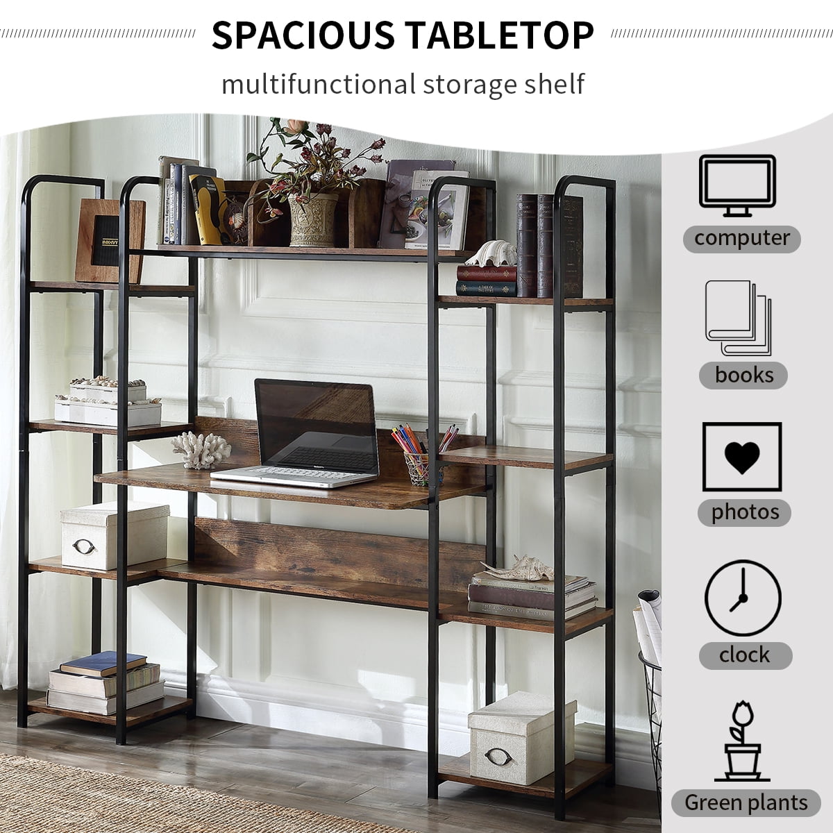 Kepooman Modern Metal Computer Desk with Storage Hutch & Double Bookcase for Home Office, 63"L x 19.9"W x 59.4"H, Brown Kepooman Modern Metal Computer Desk with Storage Hutch & Double Bookcase for Home Office, 63"L x 19.9"W x 59.4"H, Brown