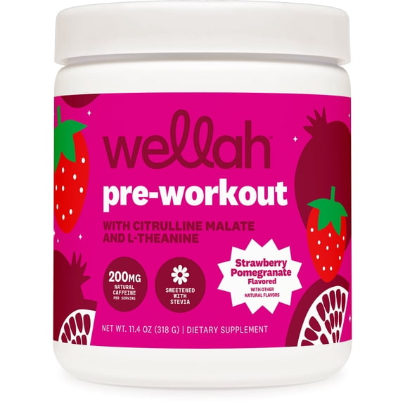 Wellah Pre-Workout Drink Mix (Strawberry Pomegranate Flavored, 30 Servings) - with Citrulline Malate and L-Theanine, 200mg of Natural Caffeine & 1000mg of Beta-Alanine