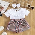 thumbnail image 2 of Newborn Girls Outfits  Short Sleeve Solid Color Ruffles Tops + Bowknot Plaid Short Pants + Decorative Hairband Sets, 2 of 6