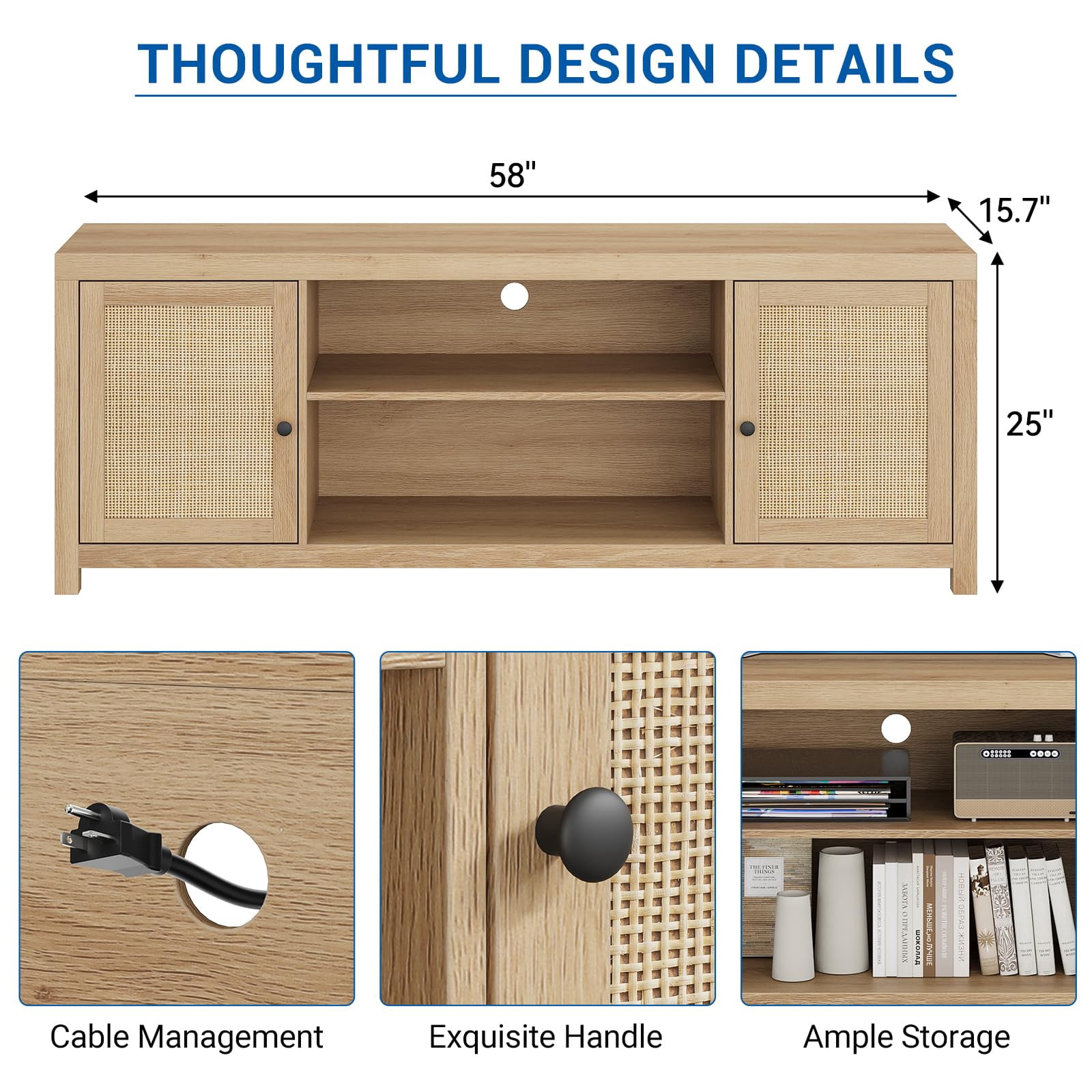TROPOW Tv Stands for Living Room,Boho TV Stand for 65 Inch TV, Rattan Entertainment Center with Storage, Wood TV & Media Console Under TV Cabinet for Living Room Bedroom, Natural Oak - 57inch