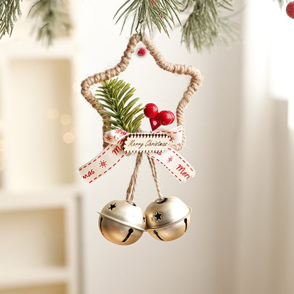 Christmas Pentagram Bell Pendant Wall Hanging | Handmade Iron Bells in Red White Green Gold | Festive Pine Berry Decoration with Merry Christmas Ribbon | Tree Ornaments Gift Tags Home Decor