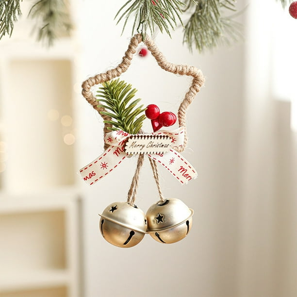 Colgante de campanas de pentagrama de Navidad | Decoración colgante de pared y puerta de hierro | Rojo, Verde, Dorado, Blanco | Aguja de pino, baya, acento de lazo | Sonido de campana nítido |