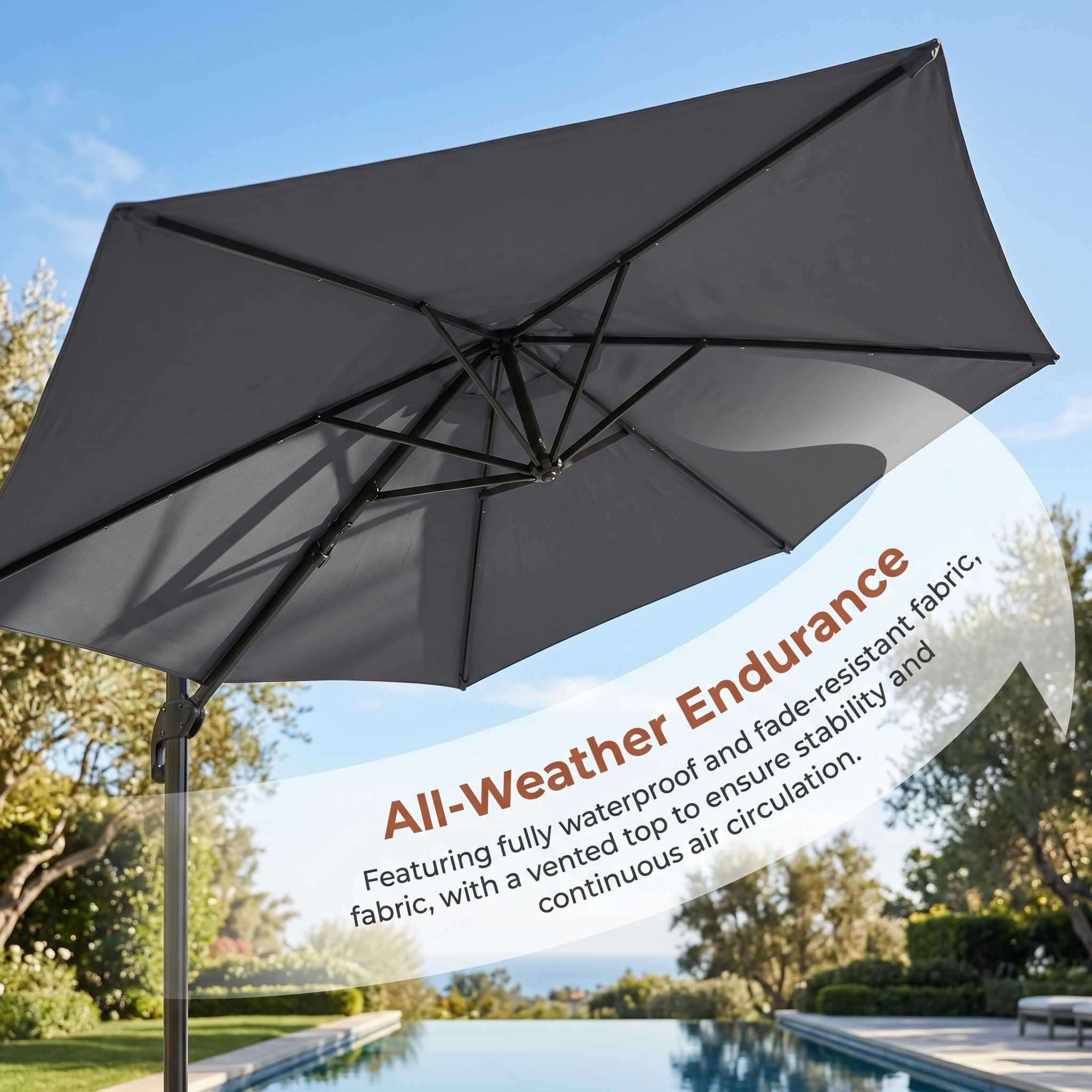 Ktaxon 10FT Patio Umbrella, Offset Cantilever Solar LED Outdoor Patio Table Umbrella, UV Protection, Fade Resistant Fabric, Easy Tilt Adjustment,Cross Base,Gray