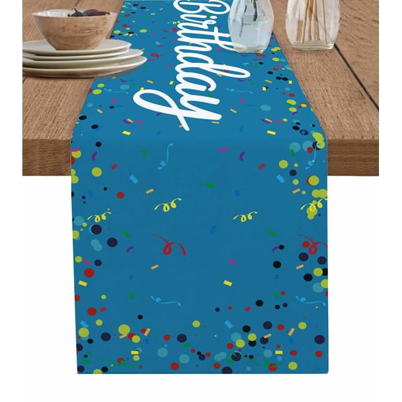 Lake Blue Birthday Table Runner 36 Inches, Colorful Confetti Ribbons Polka Dots Classroom Bed Runner Dresser Scarves Tabletop for Indoor Outdoor Parties/Ceremony/Banquet, 13"x 36"