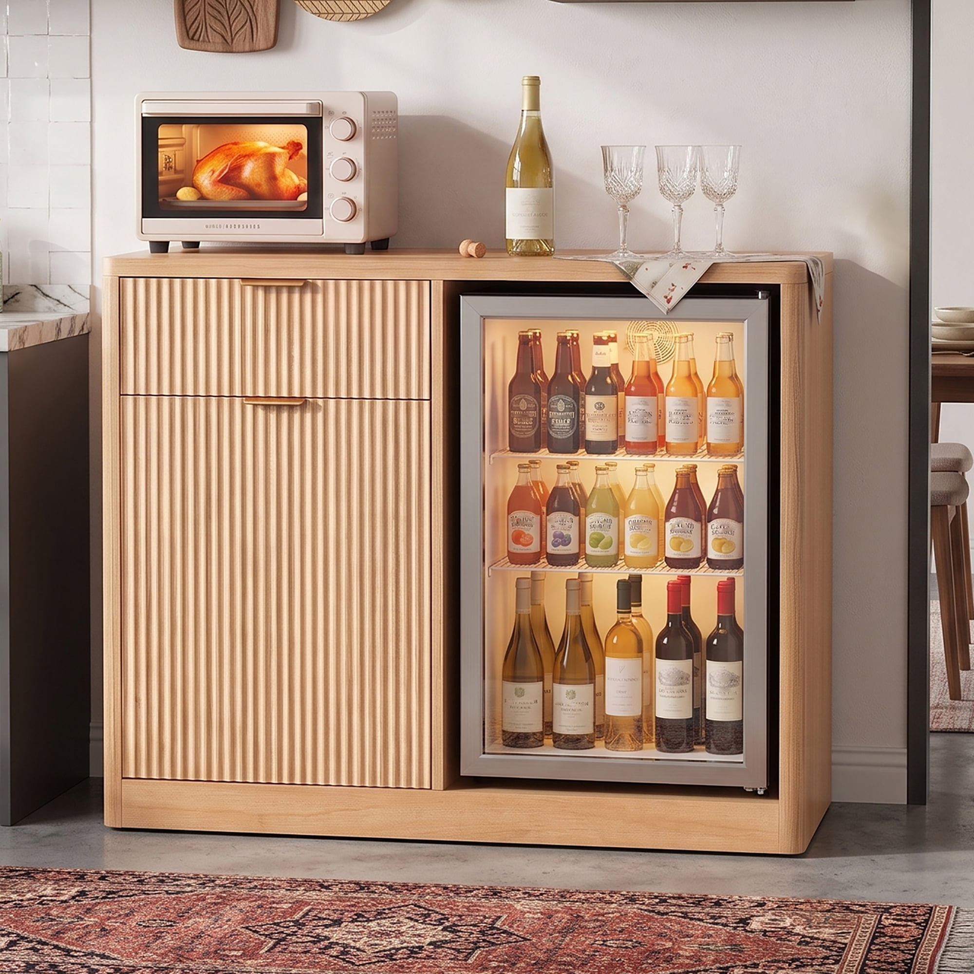 Mintazer 39" Modern Fluted Coffee Bar Cabinet with Fridge Space & Charging Station, Sideboard Beverage Station with Wine Glass Rack & Adjustable Shelves for Dining Room Living Room Apartment, Natural