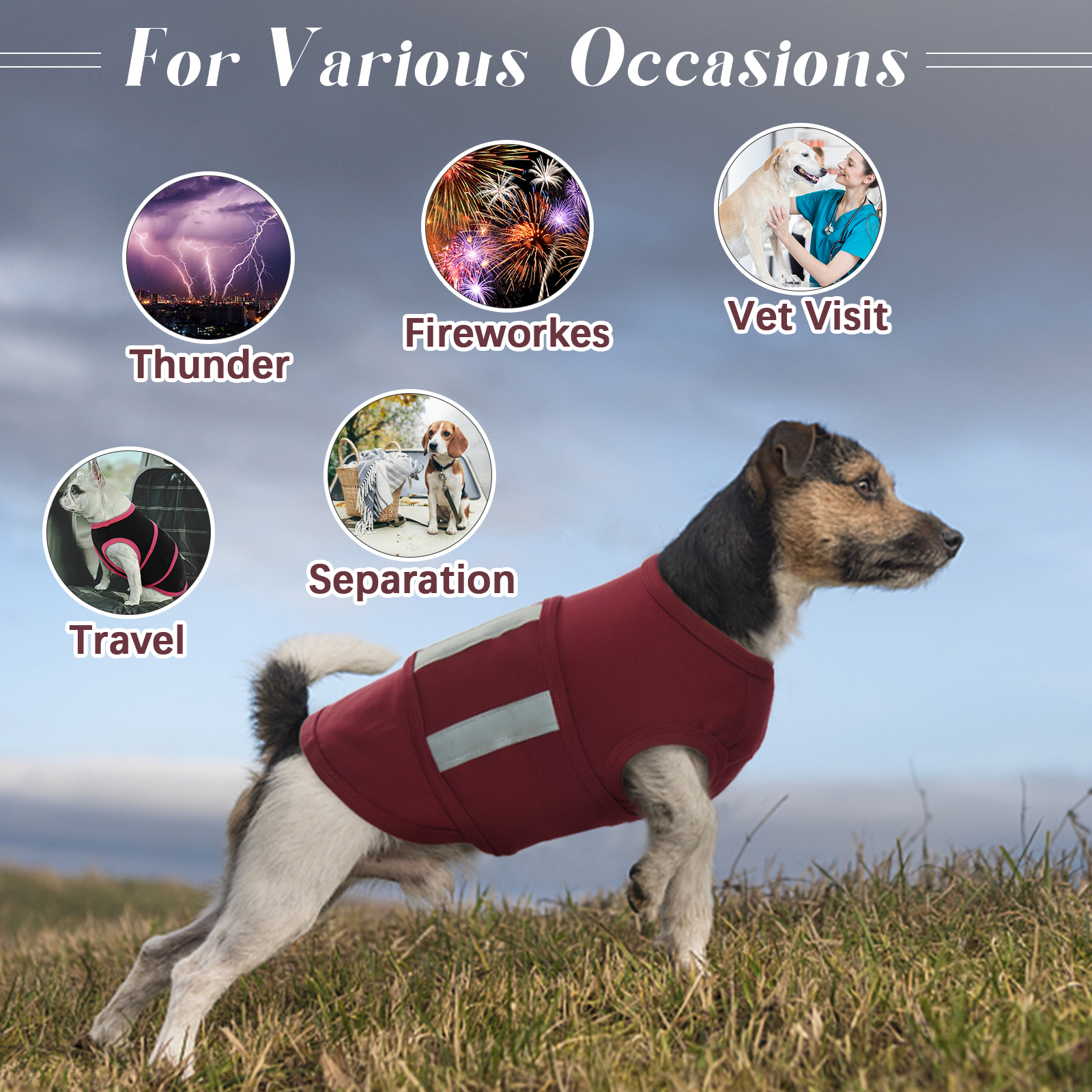 Kuoser Dog Anxiety Vest, Soft and Reflective Calming Shirt for Dogs, Breathable Pet Anxiety Jacket Wrap for Fireworks, Thunderstorms, Separation, Travel, Burgundy, Small