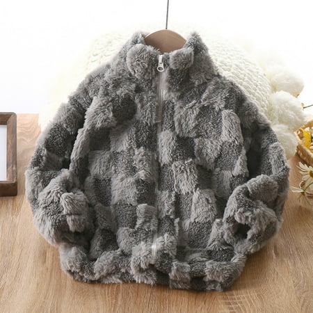 NaWent Boys Girls Fleece Jacket Clearance Winter Warm Cute Full Zipper Plaid Stand Up Collar Long Sleeved Casual Coat Gray 3 Years