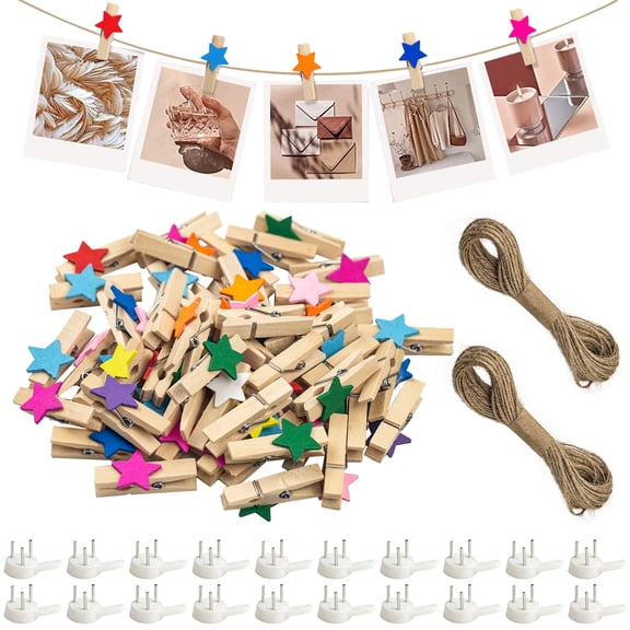 100 Pcs 1.37 Inch Wooden Small Clothespins with Jute Twine and Invisible Nails - Mini Photo Clips for Crafts, Arts, Party Decor & Cocktails