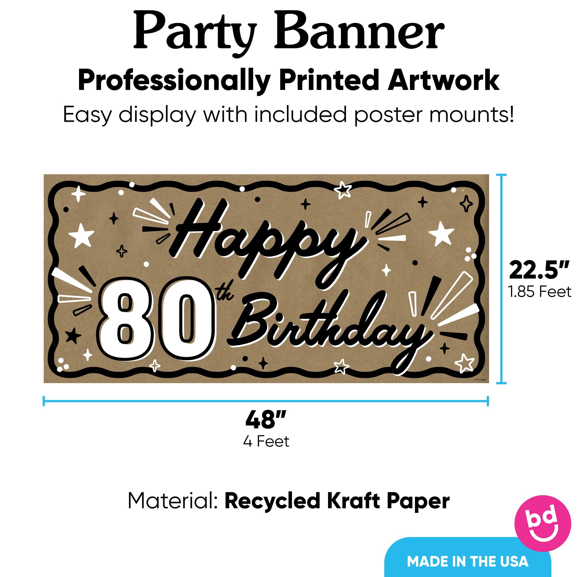 Big Dot of Happiness 80th Birthday Kraft Paper Banner, Black & White Happy Birthday Banner, Printed Brown Paper Party Sign Decoration – 1 Count
