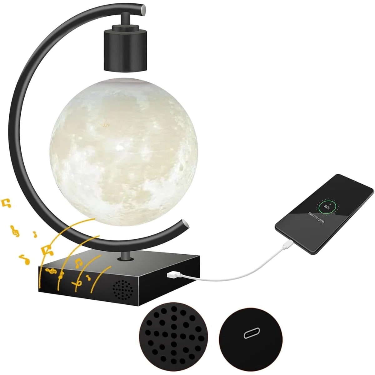 Magnetic Levitating Moon Desk Lamp with Bluetooth Speaker, 3-Color Light, Home Office Decor & Unique Gift