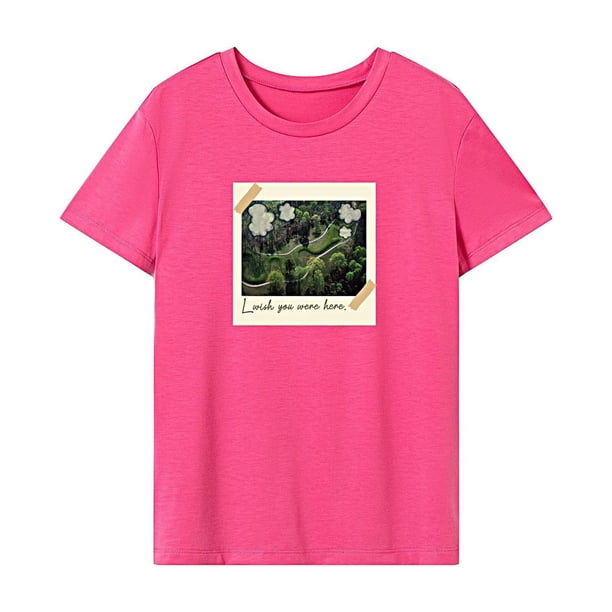 Camiseta para mujer de verano simple y ligera con cuello redondo para el trabajo, camping, compras Rosa Rosa