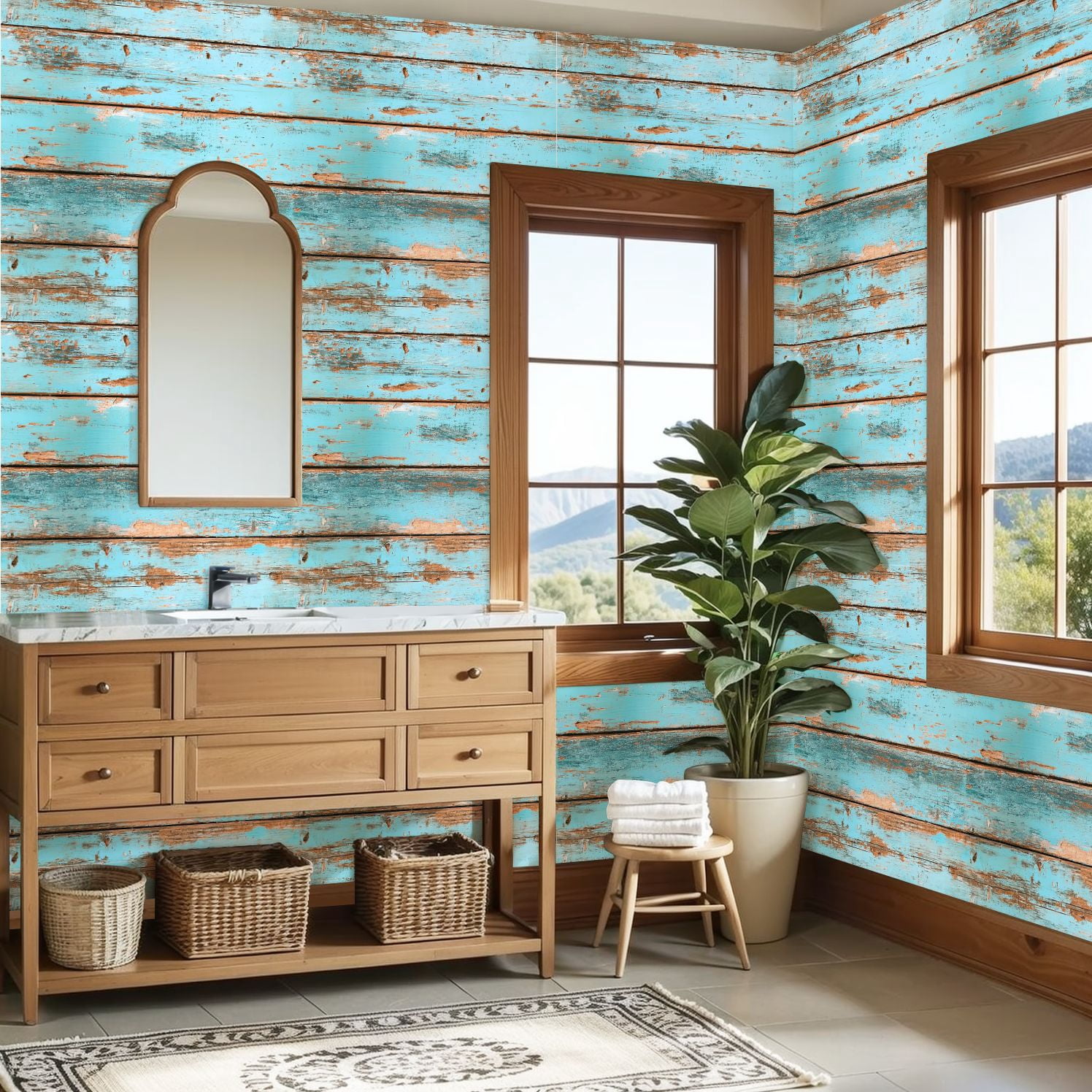 Peel and Stick Wallpaper Distressed Turquoise Wooden Planks Texture Rustic Wall Mural 23.6in x 9.8ft Self Adhesive Removable Wall Paper Renter Friendly Wallpaper for Nursery Bedroom Cabinets