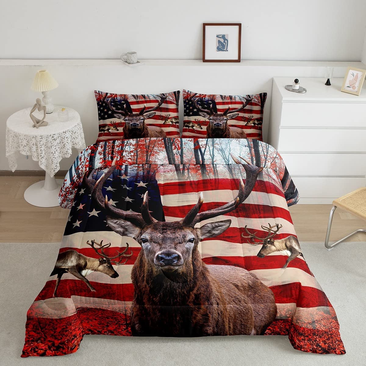 American Flag Comforter Set, Cute Deer Down Comforter King for Kids
