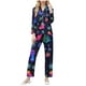 thumbnail image 2 of Conjunto de blusa y pantalón de manga larga con estampado de botones y cuello vuelto para mujer, blusa y pantalón de poliéster para mujer, 2 of 9