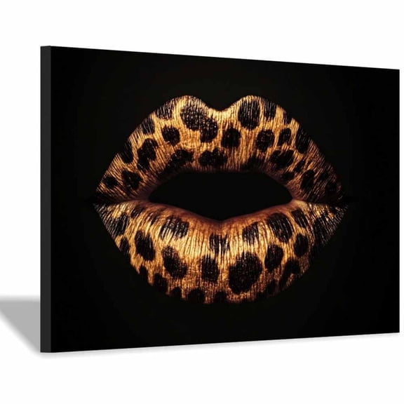Mudket Leopard Print Lips Canvas Wall Art, Framed Sexy Cheetah Print Wall Decor for Living Room Bedroom Bathroom, Trendy Leopard Lips Wall Art Ready to Hang - 12"L x 8"W