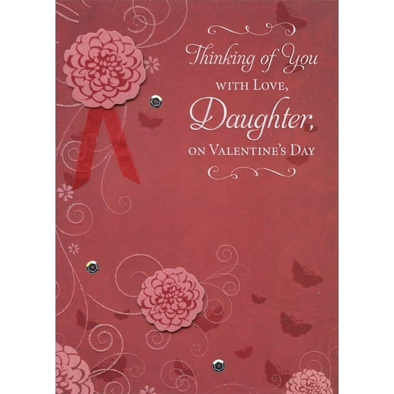 Designer Greetings 2 Die Cut Flowers with Red Ribbon Hand Decorated: Daughter Premium Keepsake Valentine's Day Card