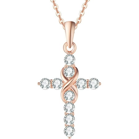 FANCIME Gold Plated 925 Sterling Silver High Polished Infinity Cross Pendant With Cubic Zirconia CZ Pave Necklace for Women Girls, 18