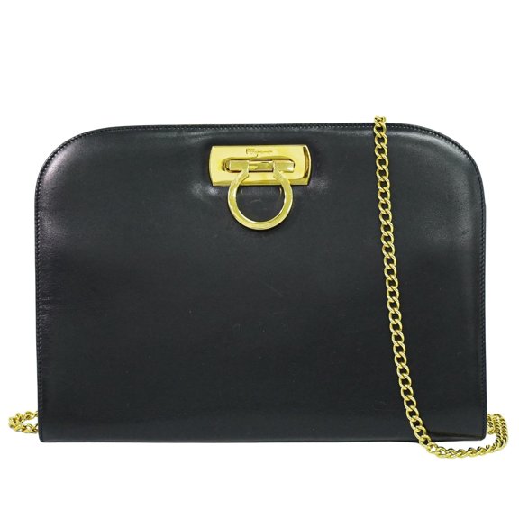 Pre-Owned Salvatore Ferragamo Vintage Gancini Chain Shoulder Bag Leather Black Leather Shoulder Bag Bag