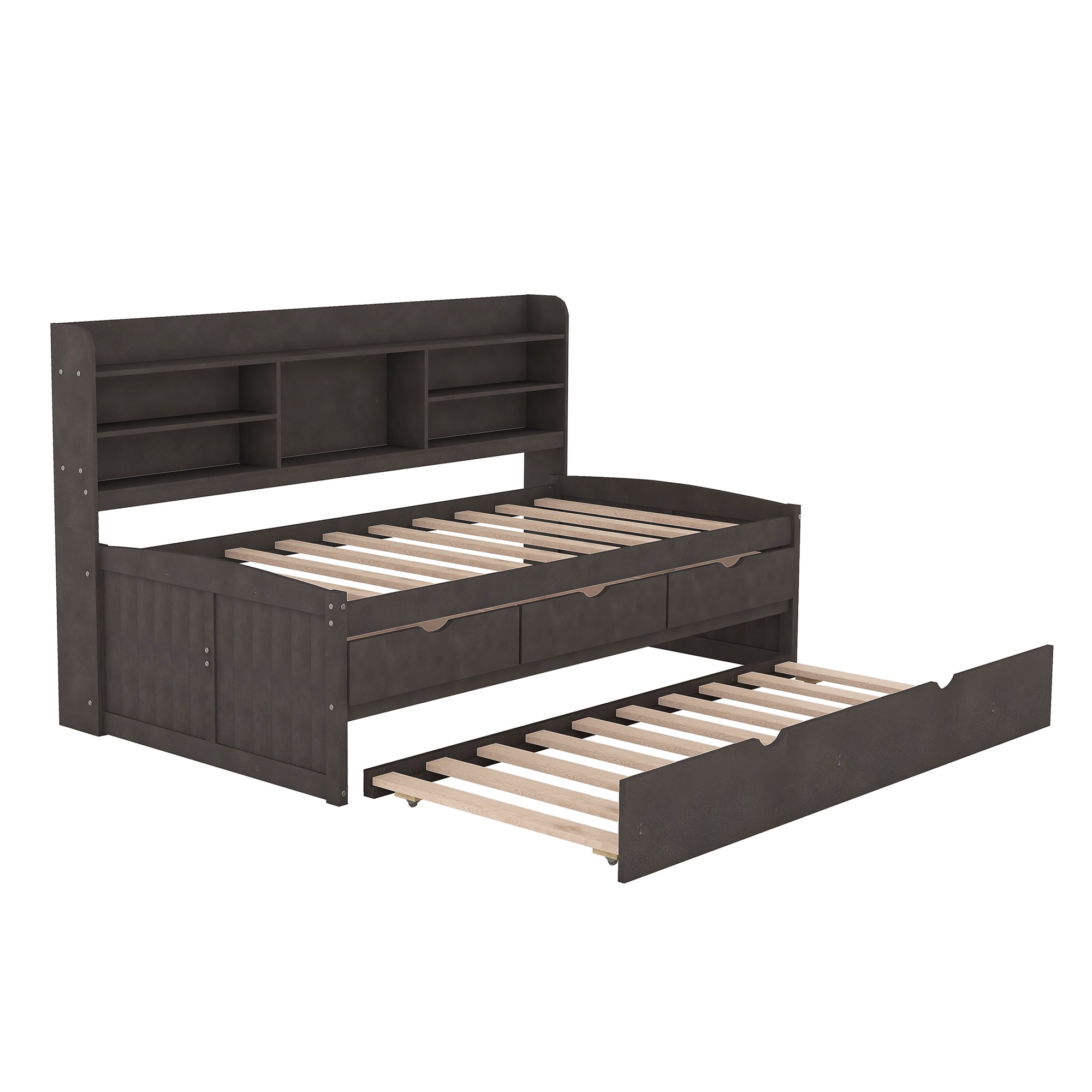 EUROCO Twin Size Captain Bed, Daybed with Trundle and Bookcase, Drawers and Shelf Platform, Espresso