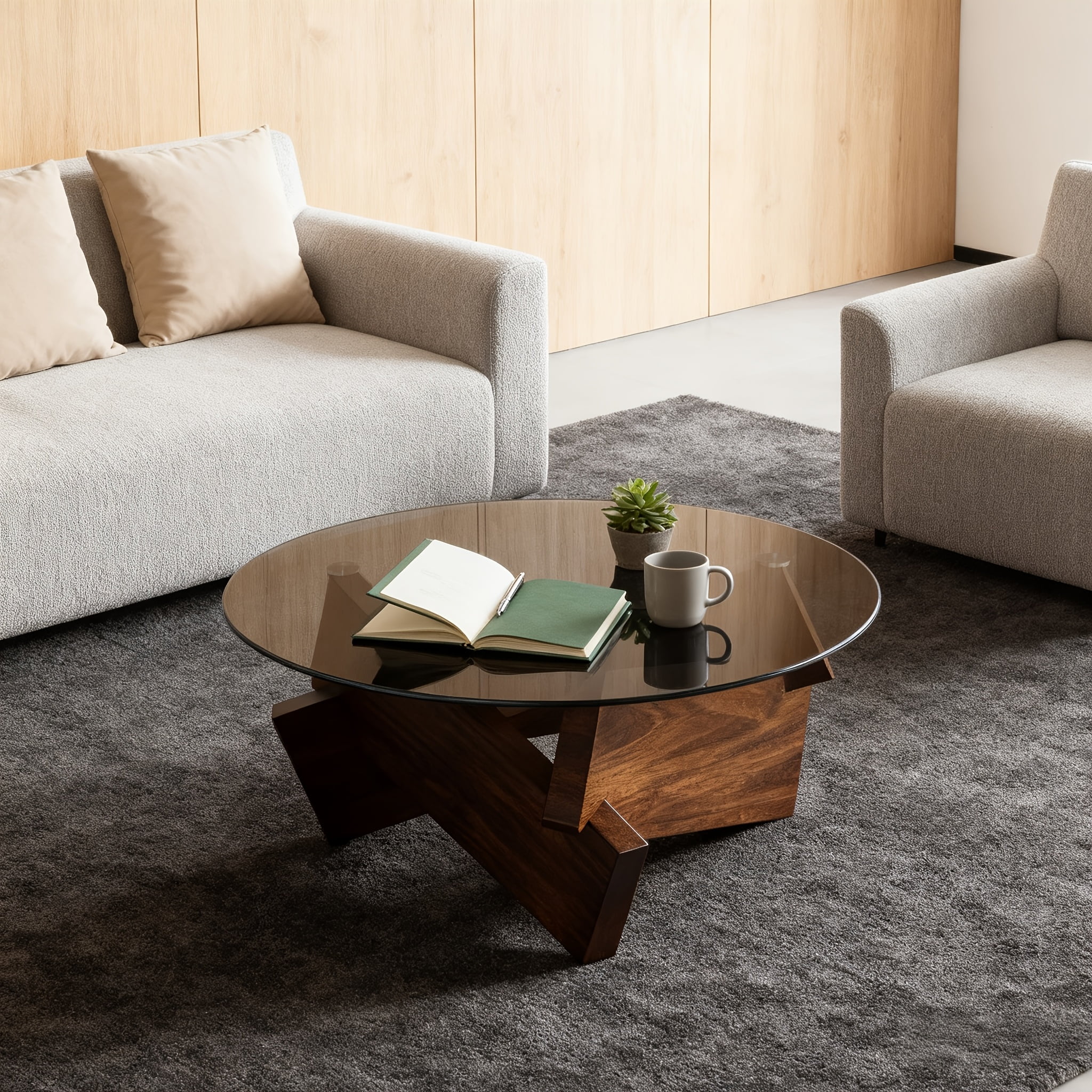 Round Modern Coffee Table for Living Room, Coffee Tables for Living Room with Glass Top and Cross Solid Wood Legs, Multifunctional Low Table for Apartment, Bedroom(Brown,80 * 80 * 31cm)