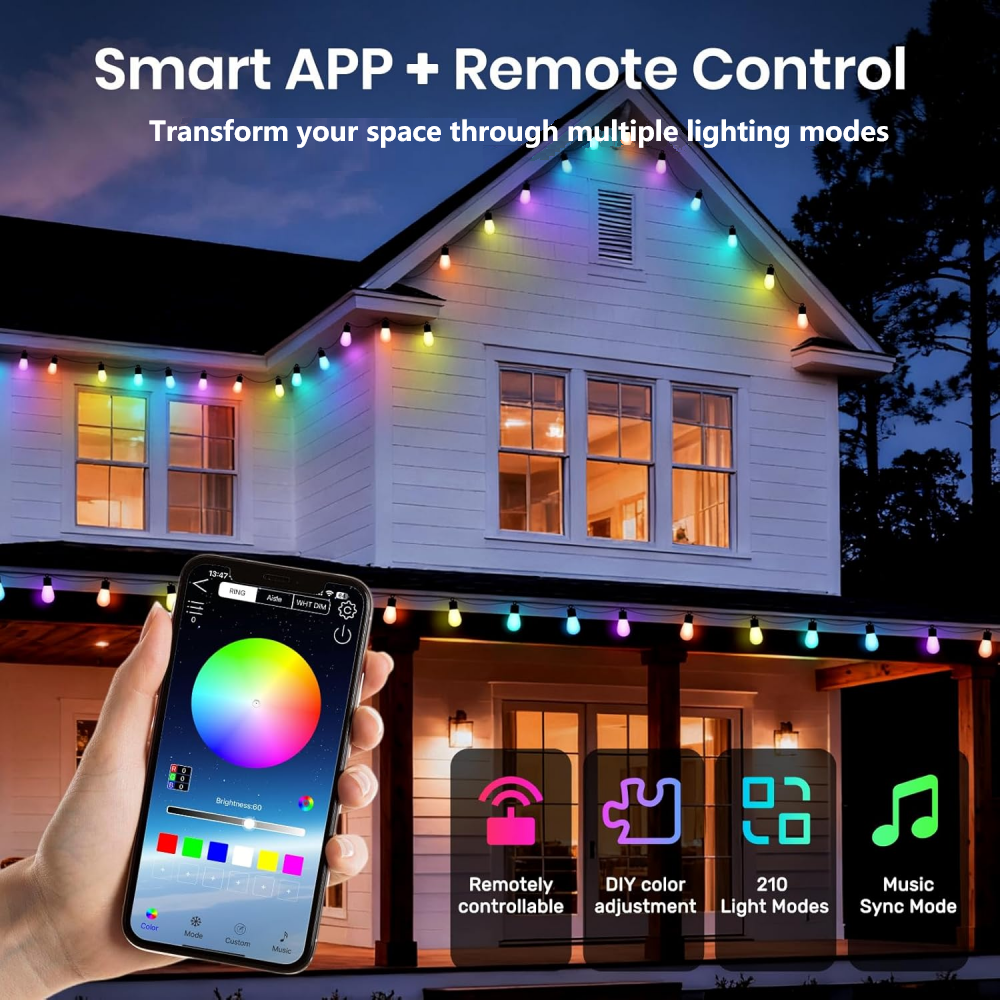 2 Pcs 48 Ft Christmas Smart Outdoor String Lights, RGB & Warm White Patio String Lights with 30 LED Bulbs, Works with APP Control, IP65 Waterproof for Decorations