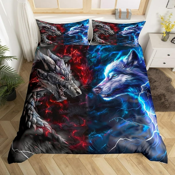 Juego de Funda Nórdica para Niños, Dragón Salvaje, Lobo Salvaje, Animales de Caza.