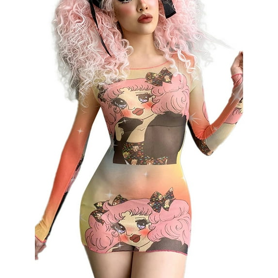hirigin Women Cartoon Face Print Bodycon Short Dress Slim Fit Colorful Long Sleeve Crew Neck Cocktail Party Mini Dress