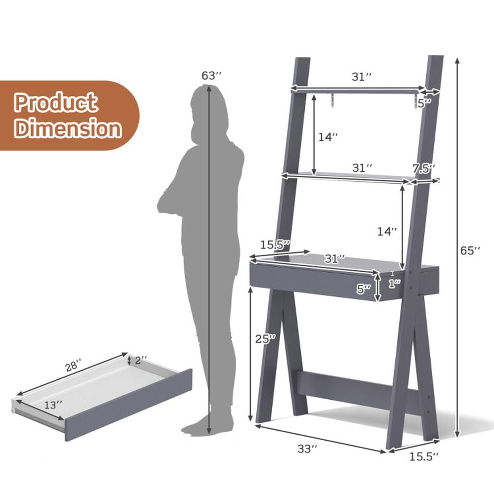 Demi Bonn 3-Tier Ladder Bookshelf, Desk Bookcase with Countertop Drawer and 2 Shelves, Gray