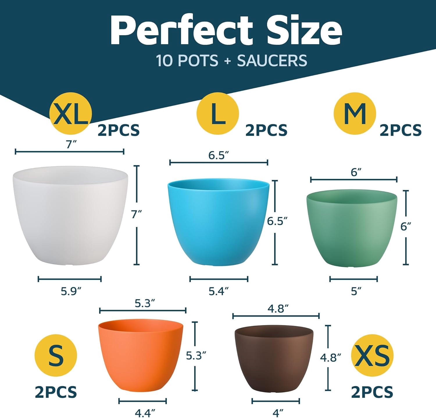 Multicolor Plant Pots with Drainage Holes & Saucers 10 Packs, Indoor & Outdoor Stackable Plastic Planters in Multiple Sizes for Houseplants & Flowers, Durable & Weatherproof Materials, Matte Finish