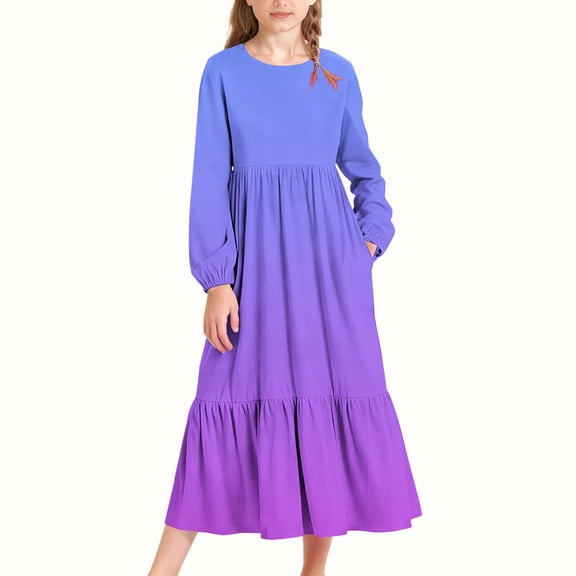 Tawop Girls Dress Solid Color Long Sleeved Round Neck Dress with Side Pockets Long Skirt for Kids 8-9years