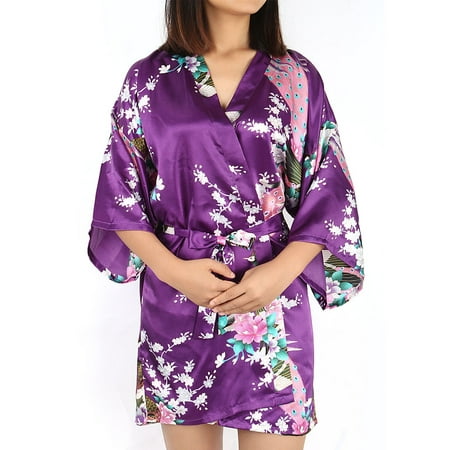 Hippie Print Robe (Women's Silk Satin Peacock & Blossoms Printed L/XL/XXL Short Kimono Robes Sexy Bathrobe For Wedding Party)