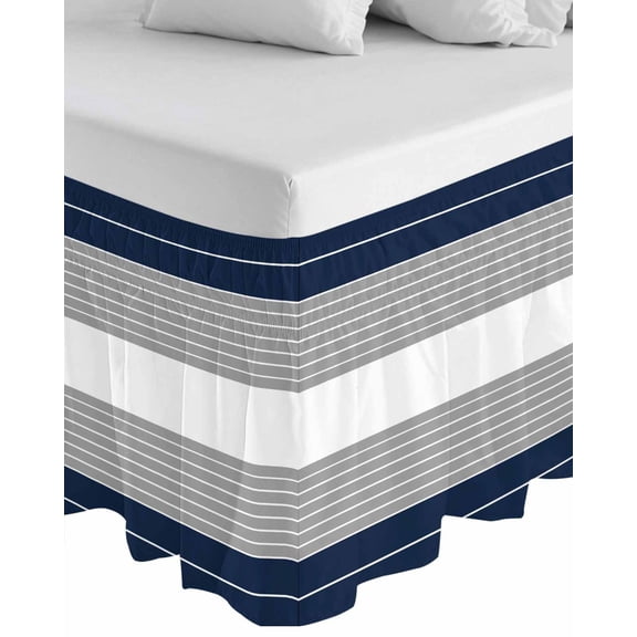 Navy Blue Grey Stripe Wrap Around Bed Skirts for Queen Bed 18" Drop,Bed Skirt with Adjustable Elastic Belt Dust Ruffle Bed Valance for Bedroom Hotel Modern Art Horizontal Striped Bed Frame Cover