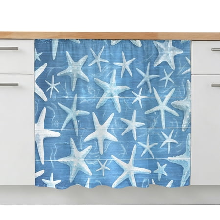 Cabinet Curtain Blue Starfish Kitchen Shelf Curtain Desk Under Sink Curtain Skirt Privacy Drape Cover Summer Ocean Wood Grain Cabinet Curtains for Kitchen Shelves Laundry Room Bathroom 28x35 Inch